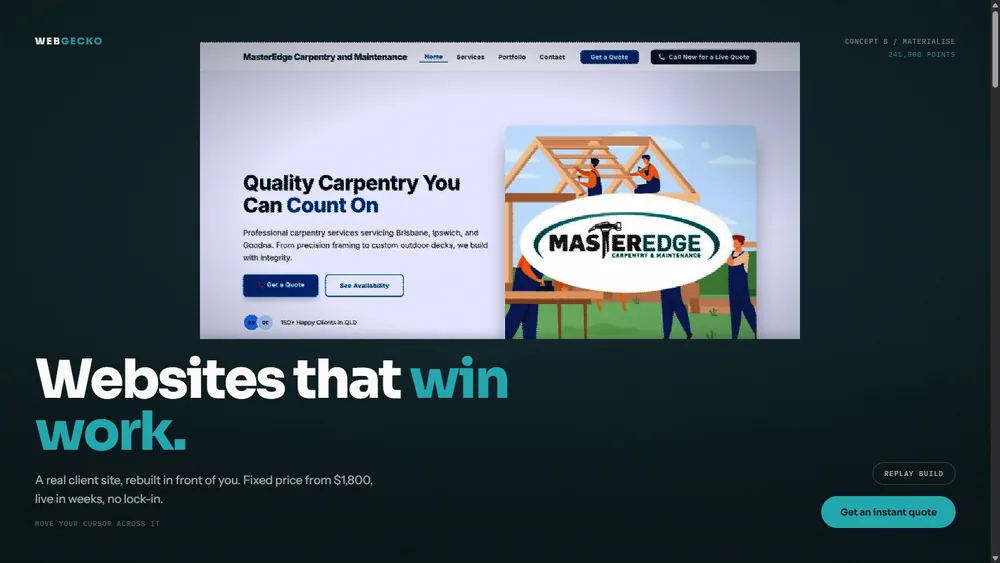 Materialise hero, a real client site assembled from points of light